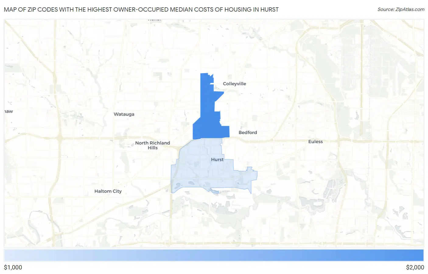 Zip Codes with the Highest Owner-Occupied Median Costs of Housing in Hurst Map