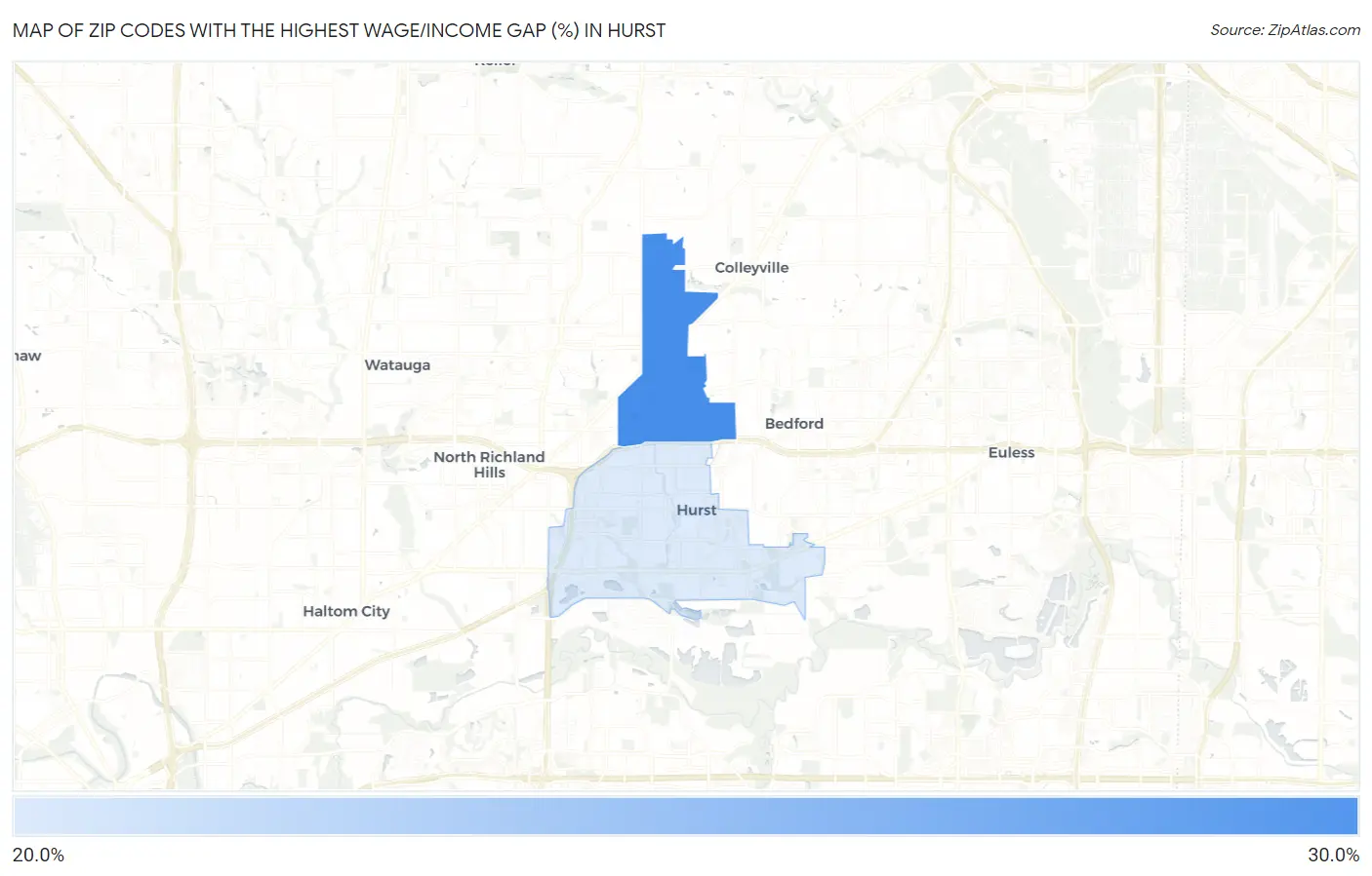 Zip Codes with the Highest Wage/Income Gap (%) in Hurst Map