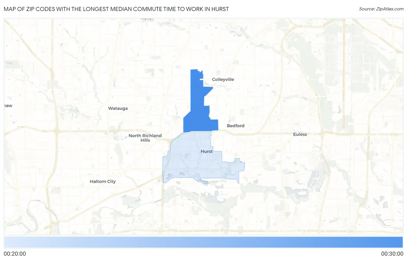 Zip Codes with the Longest Median Commute Time to Work in Hurst Map