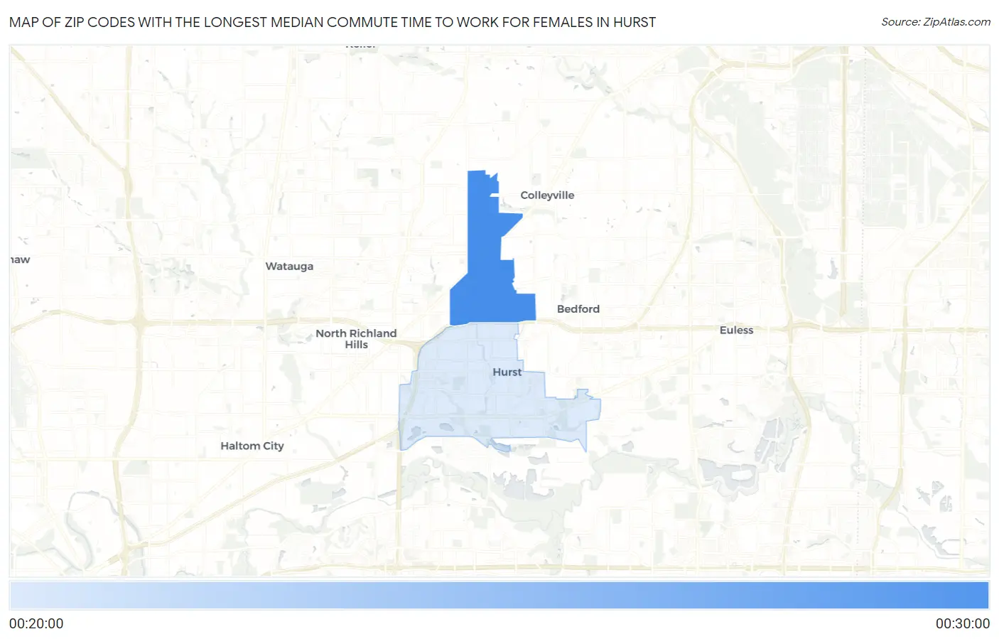 Zip Codes with the Longest Median Commute Time to Work for Females in Hurst Map