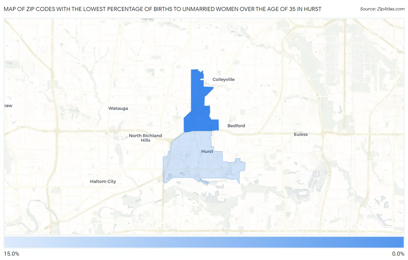 Zip Codes with the Lowest Percentage of Births to Unmarried Women over the Age of 35 in Hurst Map