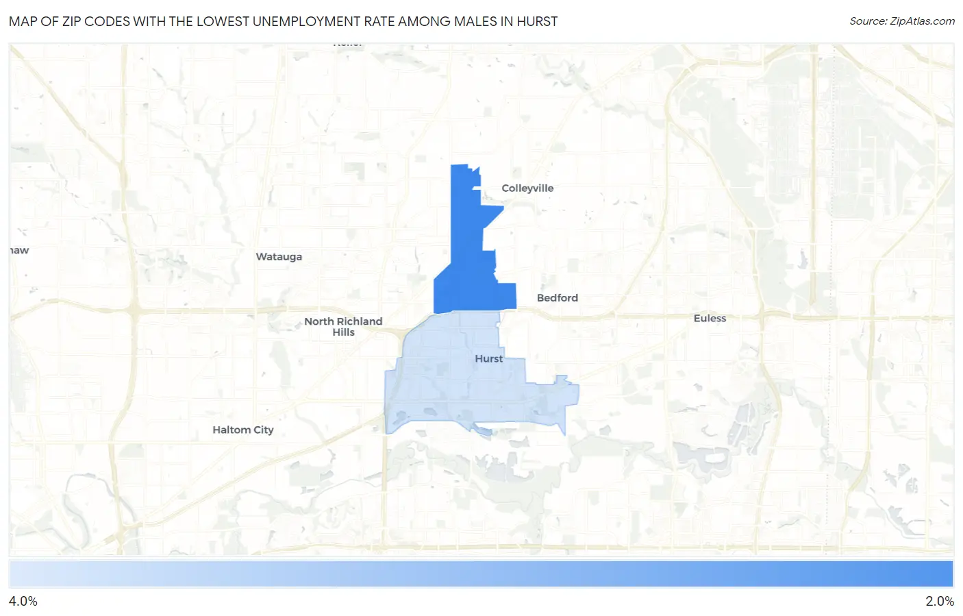 Zip Codes with the Lowest Unemployment Rate Among Males in Hurst Map