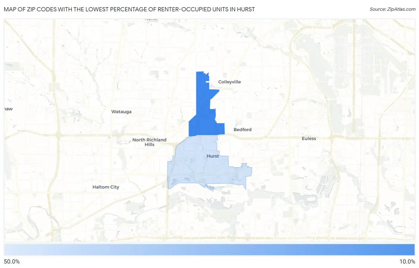 Zip Codes with the Lowest Percentage of Renter-Occupied Units in Hurst Map