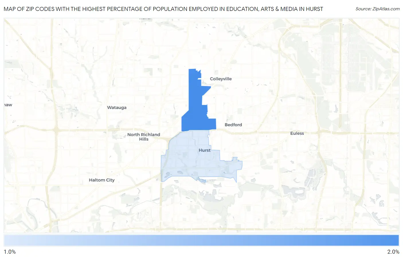 Zip Codes with the Highest Percentage of Population Employed in Education, Arts & Media in Hurst Map