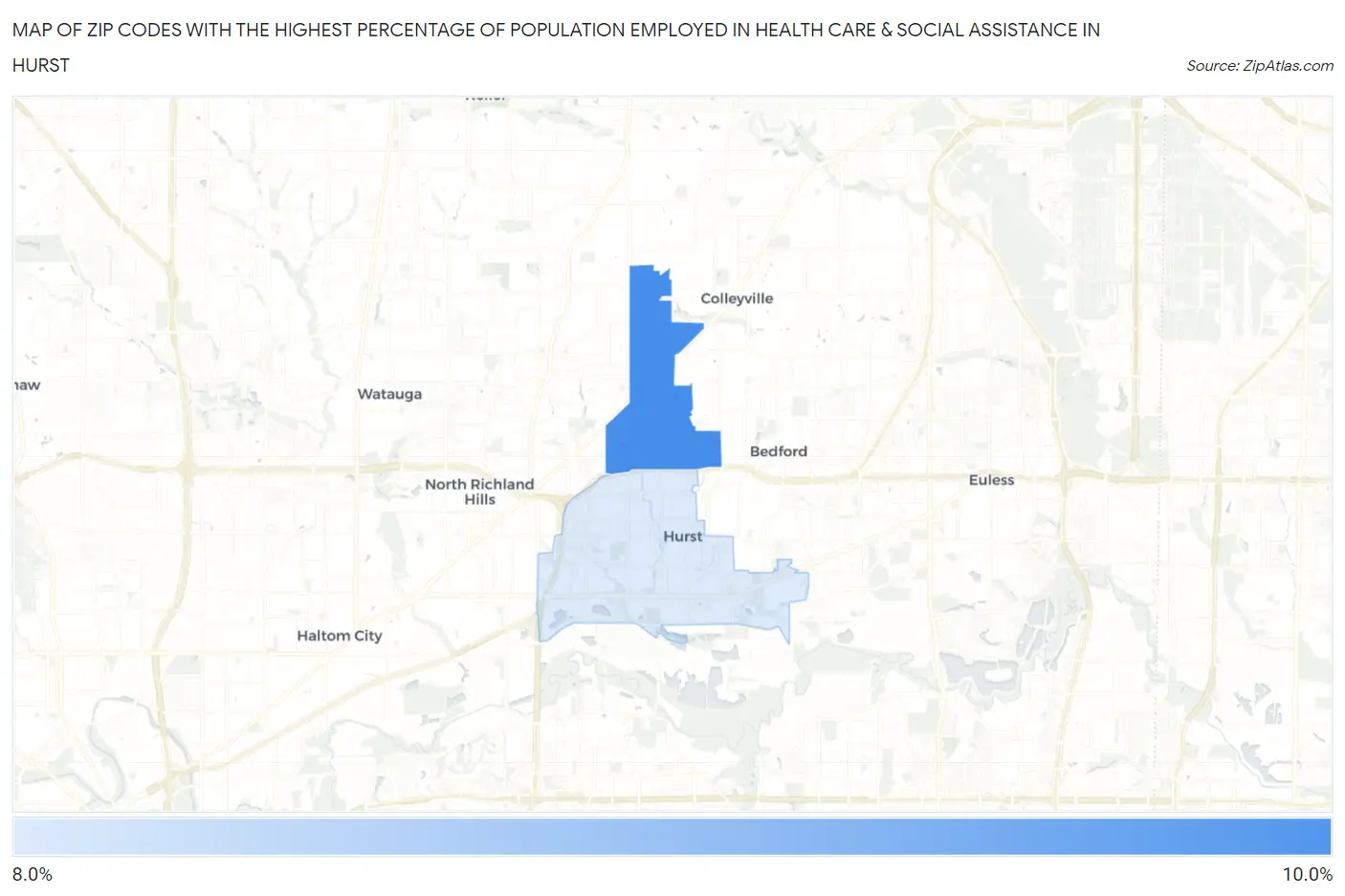 Zip Codes with the Highest Percentage of Population Employed in Health Care & Social Assistance in Hurst Map