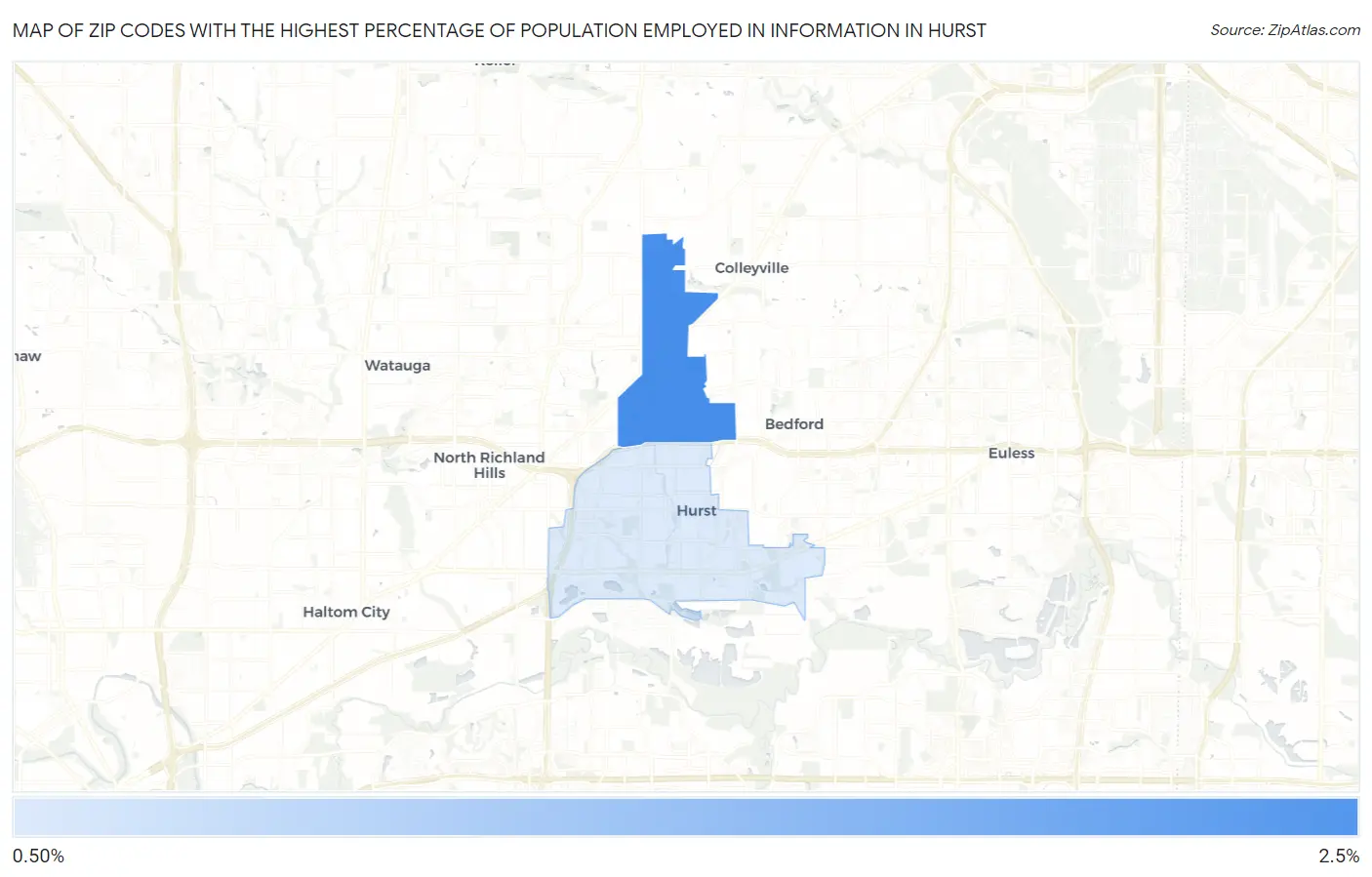 Zip Codes with the Highest Percentage of Population Employed in Information in Hurst Map