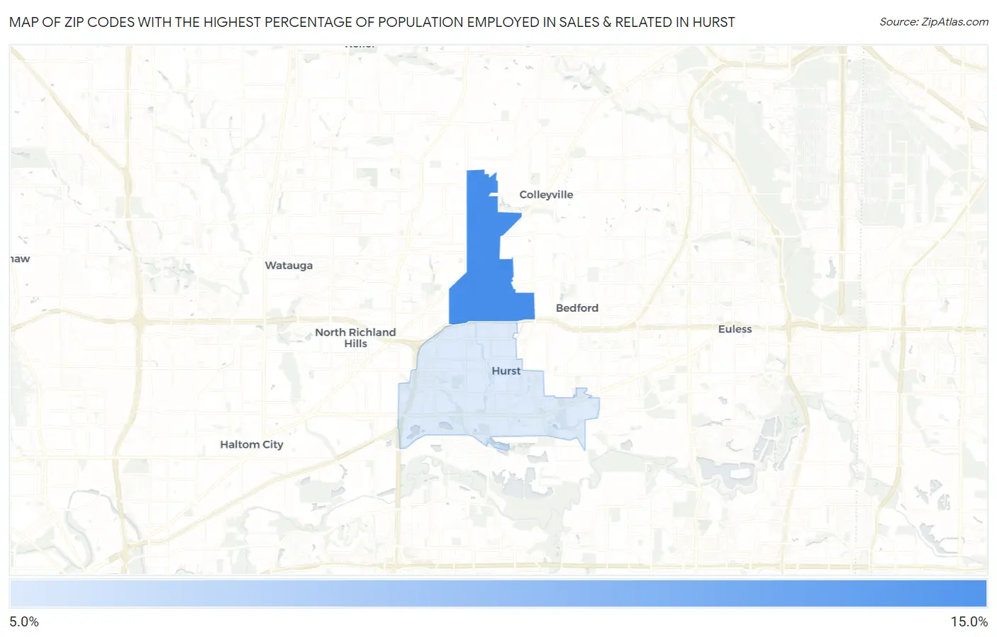 Zip Codes with the Highest Percentage of Population Employed in Sales & Related in Hurst Map