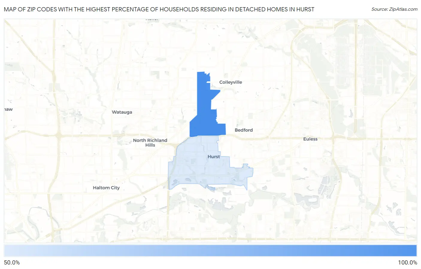 Zip Codes with the Highest Percentage of Households Residing in Detached Homes in Hurst Map
