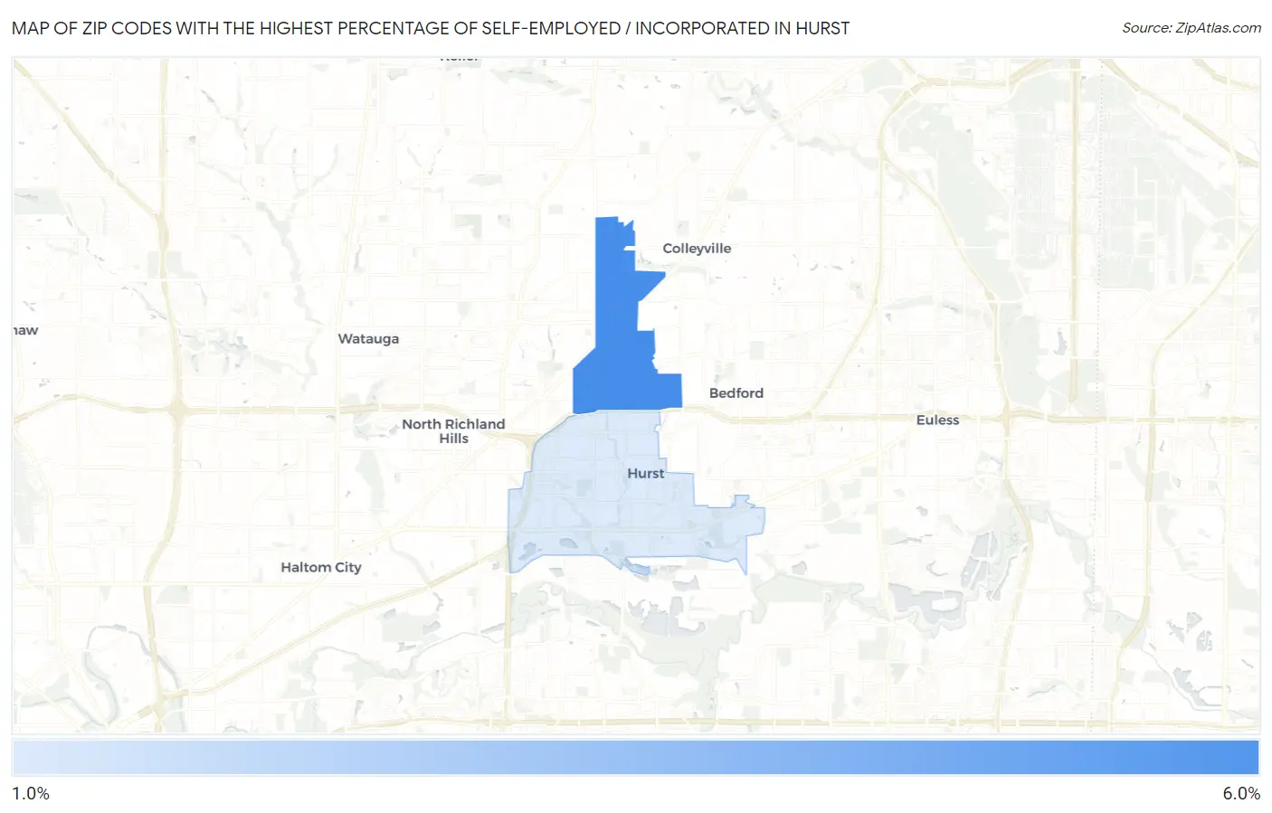 Zip Codes with the Highest Percentage of Self-Employed / Incorporated in Hurst Map