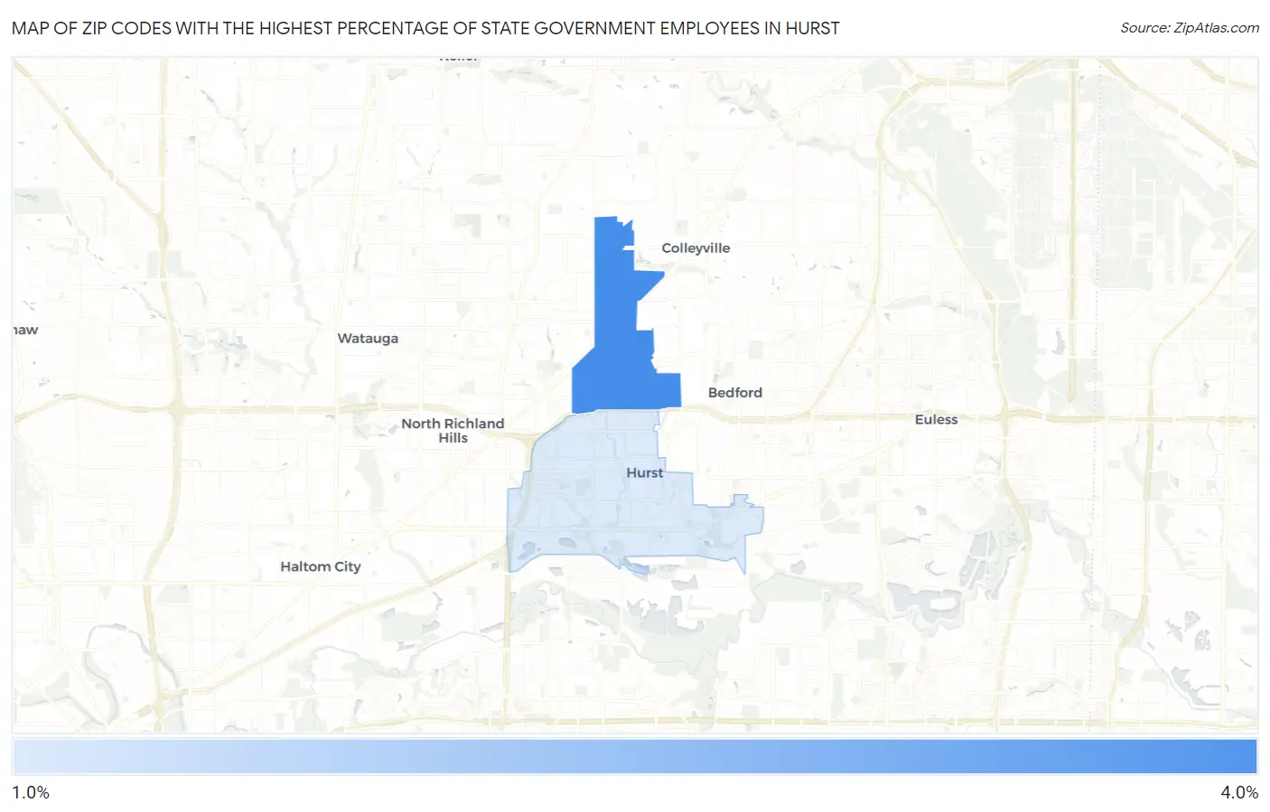 Zip Codes with the Highest Percentage of State Government Employees in Hurst Map