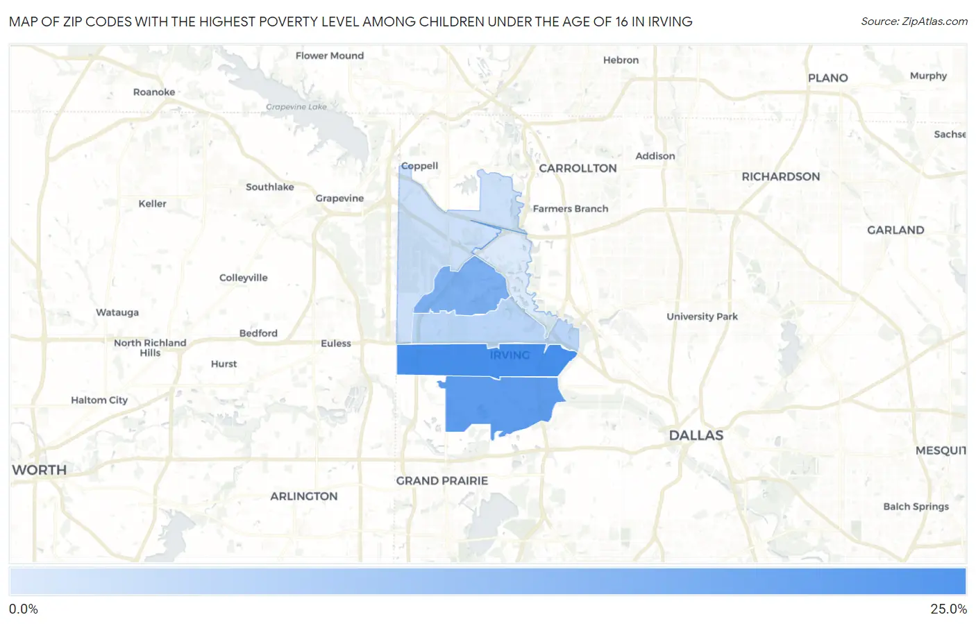Zip Codes with the Highest Poverty Level Among Children Under the Age of 16 in Irving Map