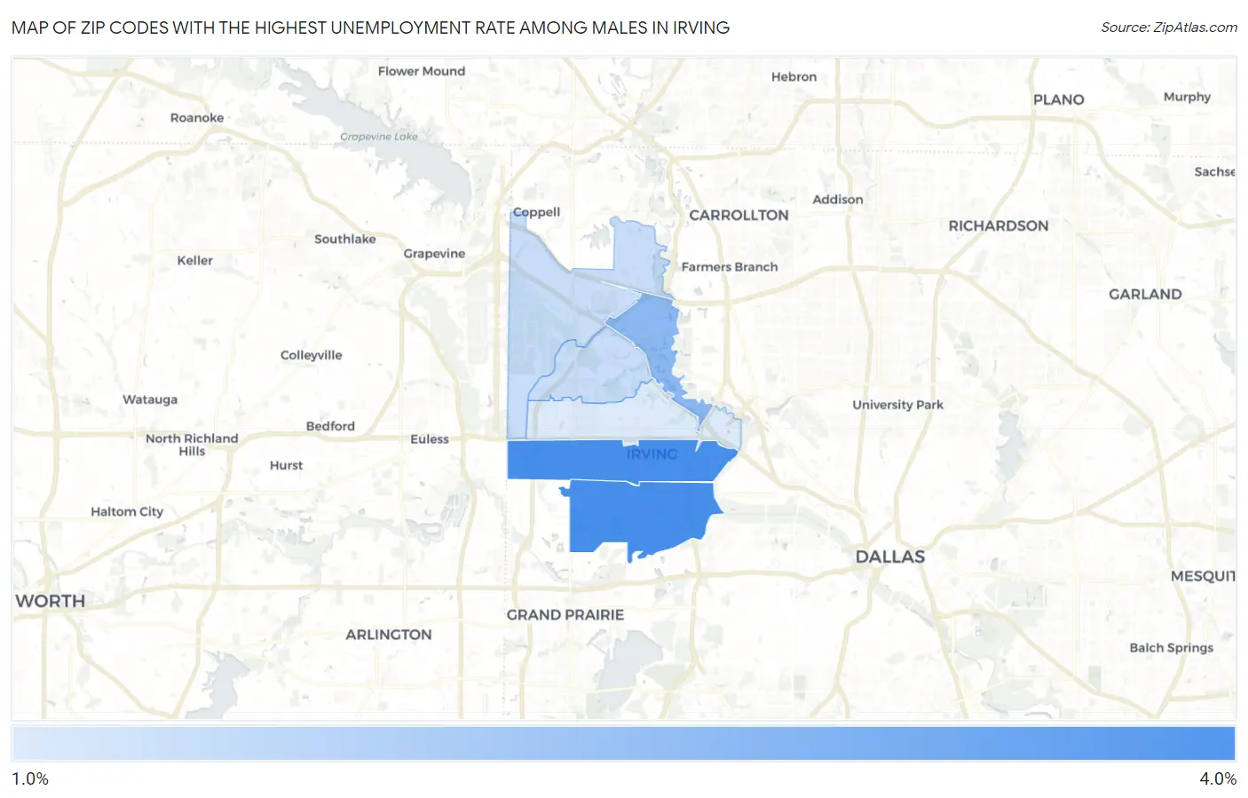 Zip Codes with the Highest Unemployment Rate Among Males in Irving Map