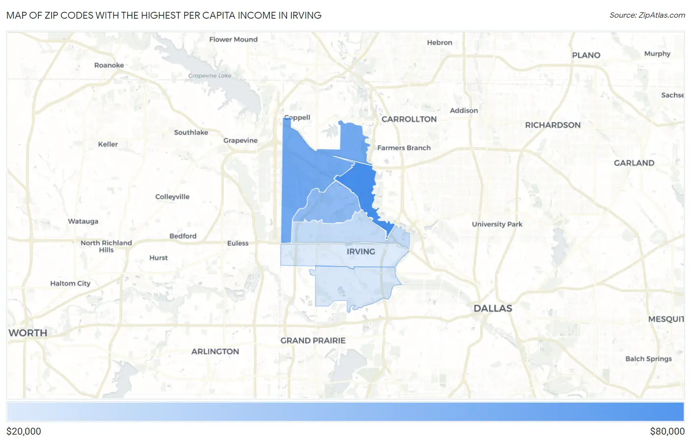 Zip Codes with the Highest Per Capita Income in Irving Map