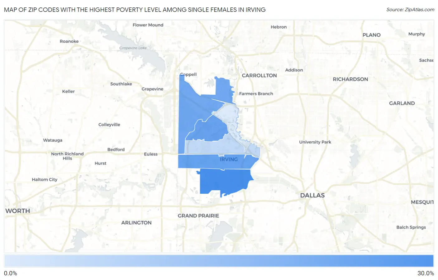 Zip Codes with the Highest Poverty Level Among Single Females in Irving Map