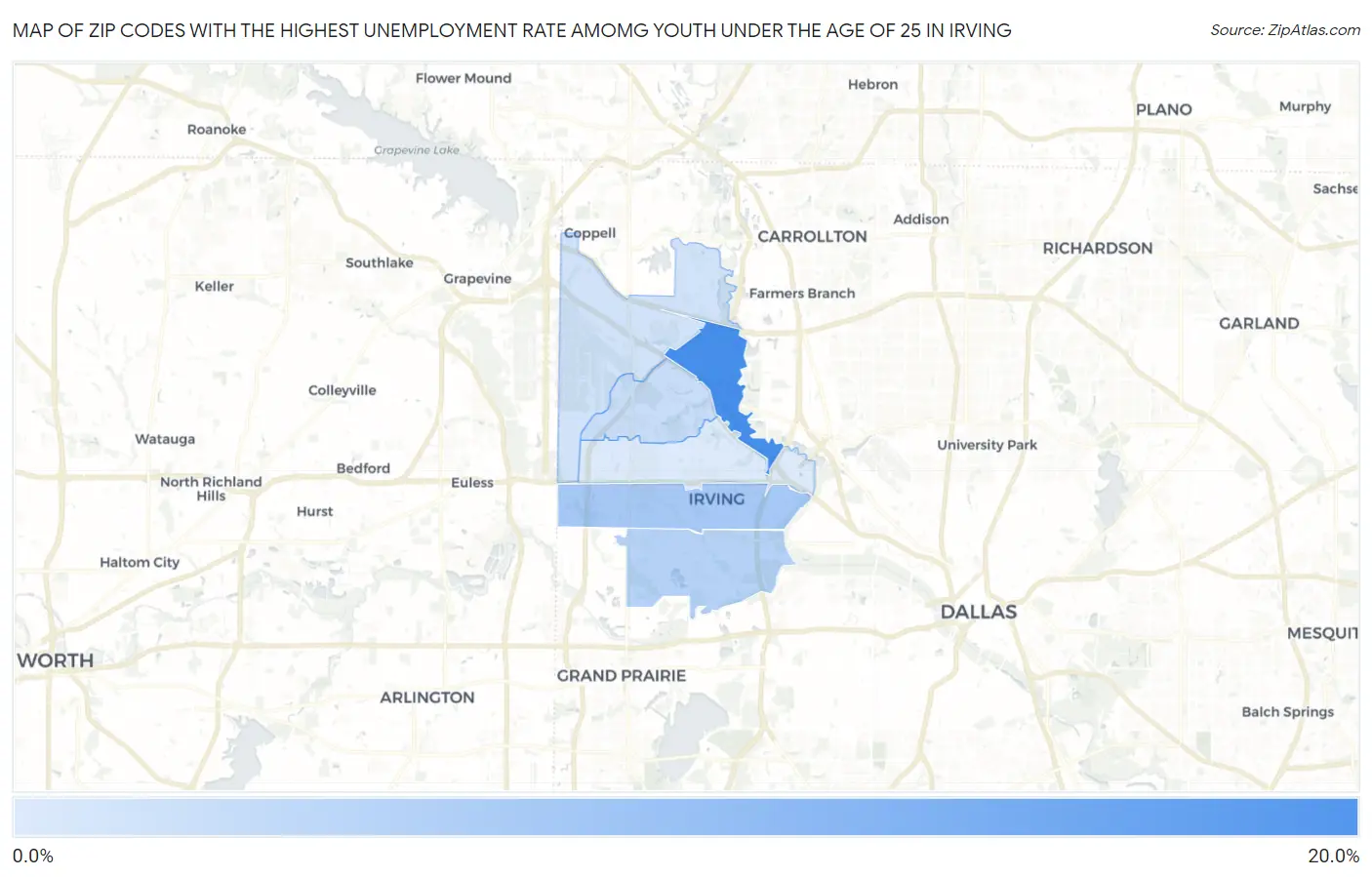 Zip Codes with the Highest Unemployment Rate Amomg Youth Under the Age of 25 in Irving Map