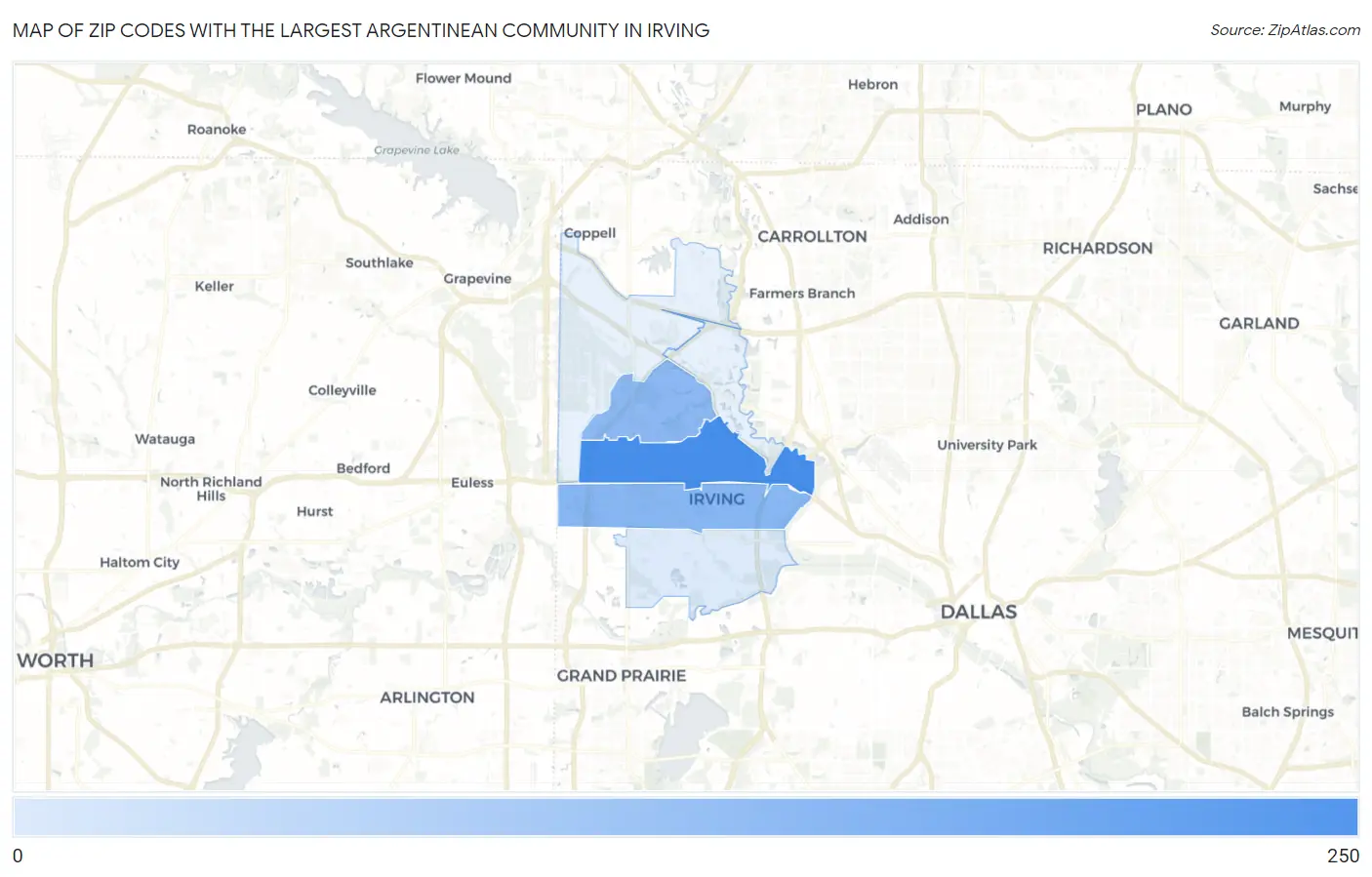 Zip Codes with the Largest Argentinean Community in Irving Map