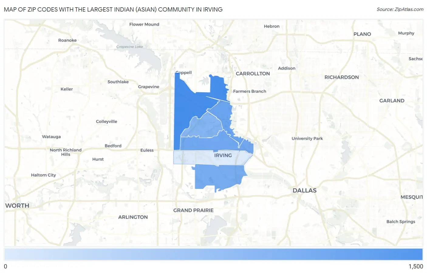 Zip Codes with the Largest Indian (Asian) Community in Irving Map