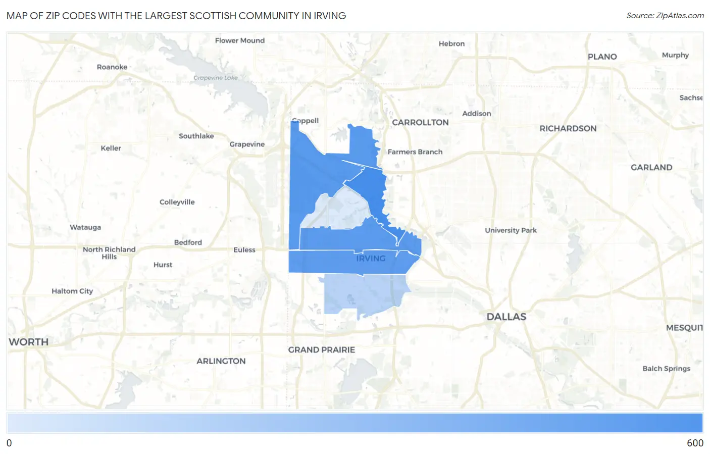 Zip Codes with the Largest Scottish Community in Irving Map