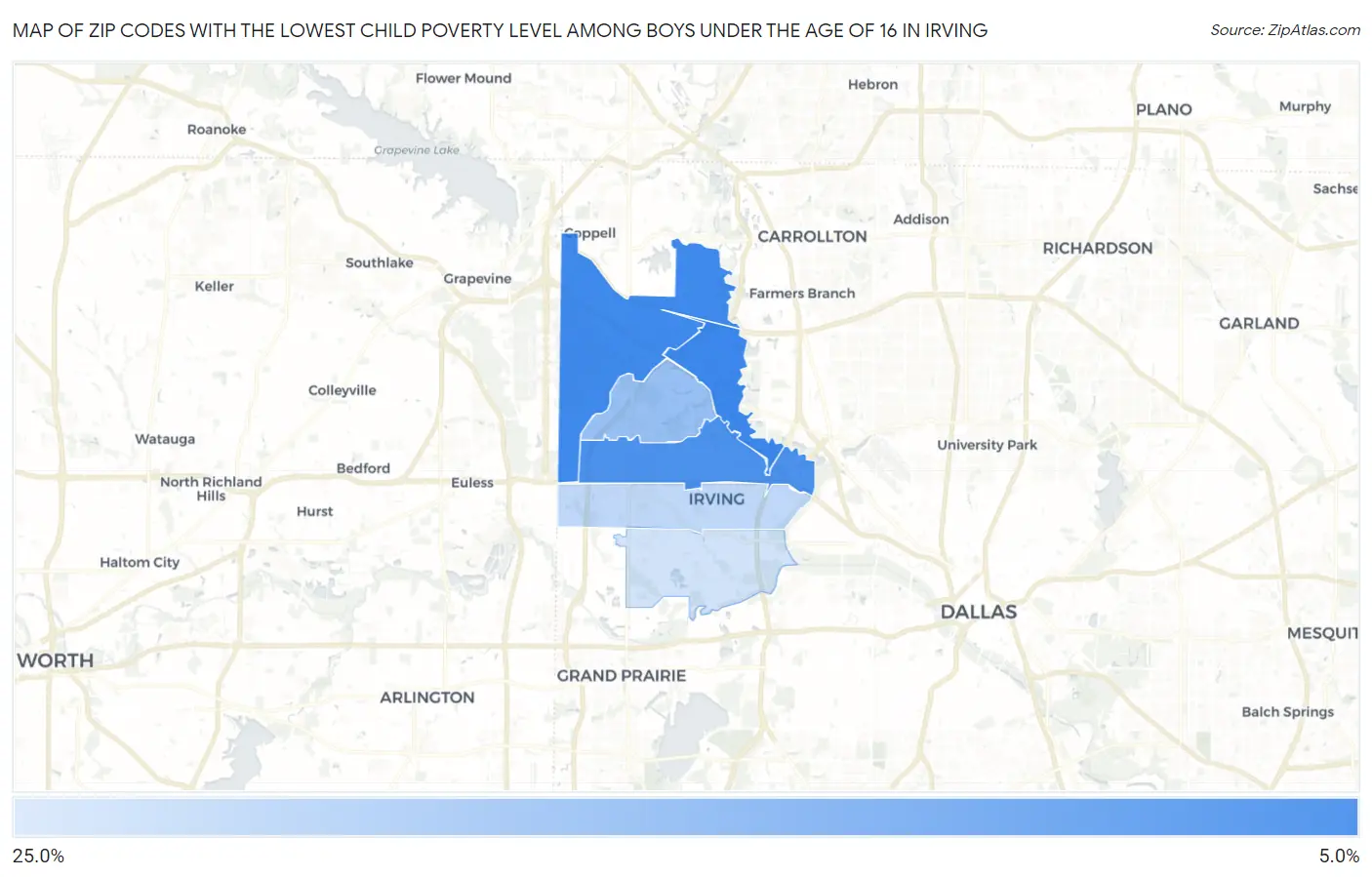 Zip Codes with the Lowest Child Poverty Level Among Boys Under the Age of 16 in Irving Map