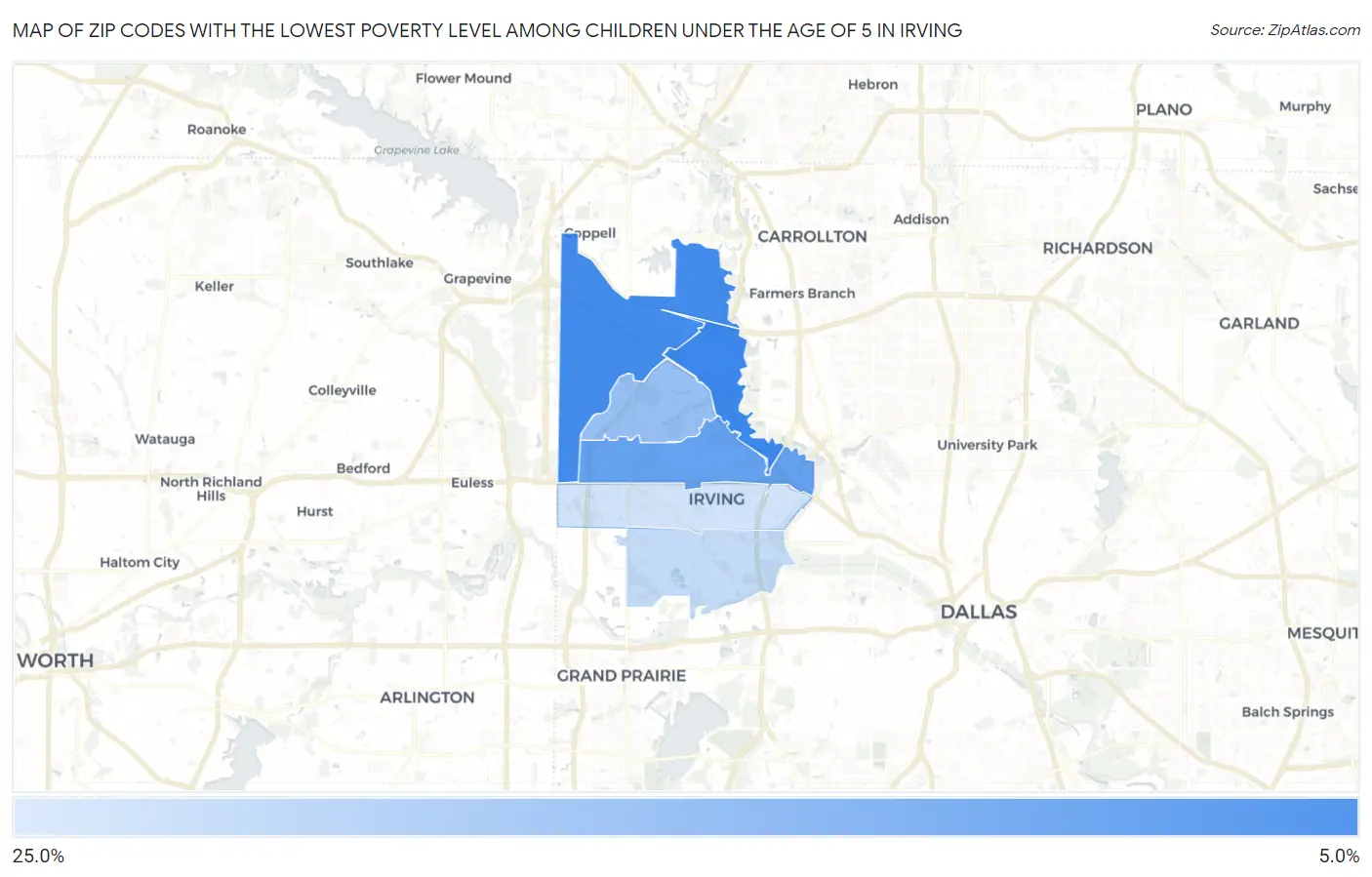 Zip Codes with the Lowest Poverty Level Among Children Under the Age of 5 in Irving Map