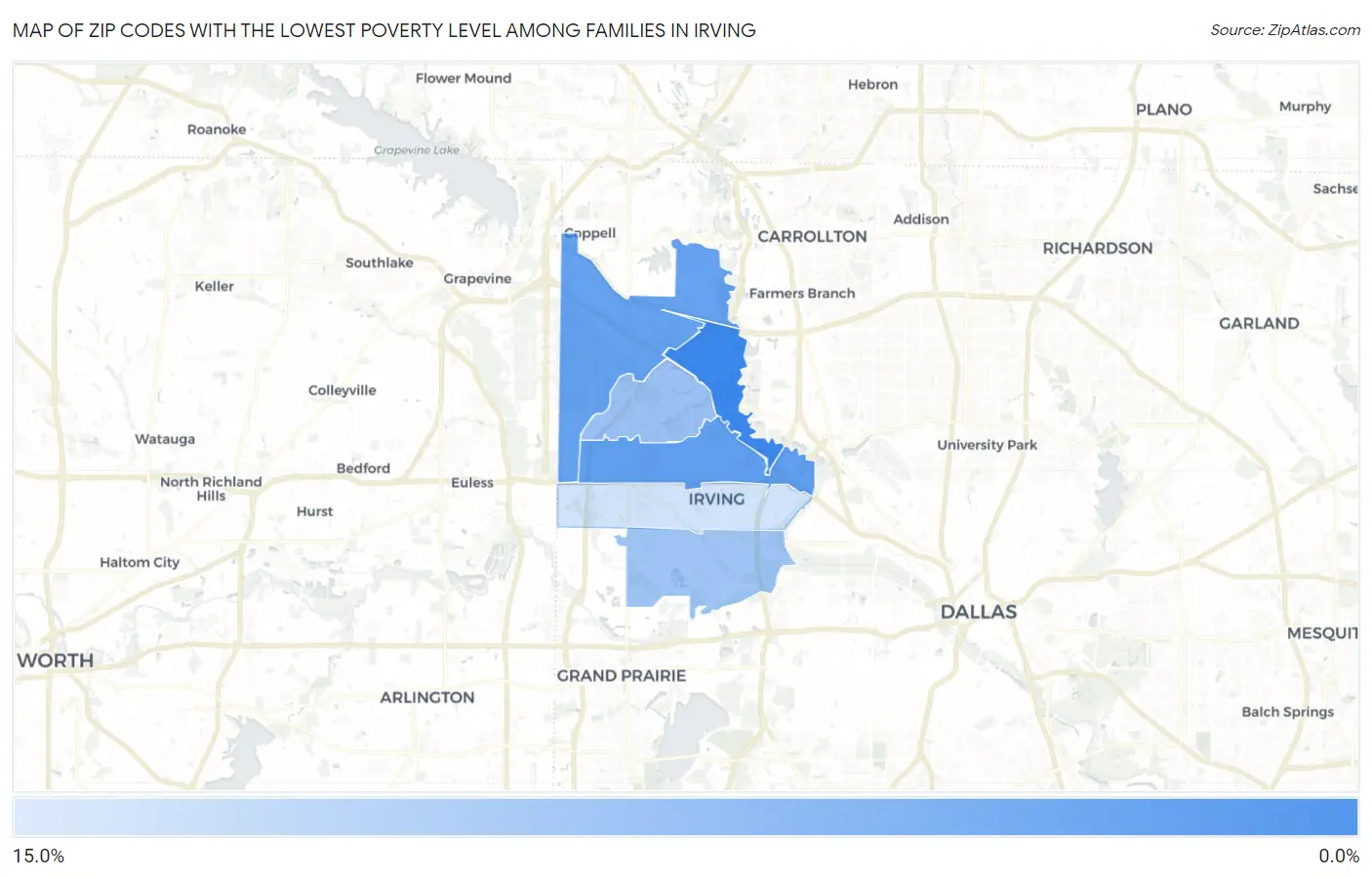 Zip Codes with the Lowest Poverty Level Among Families in Irving Map
