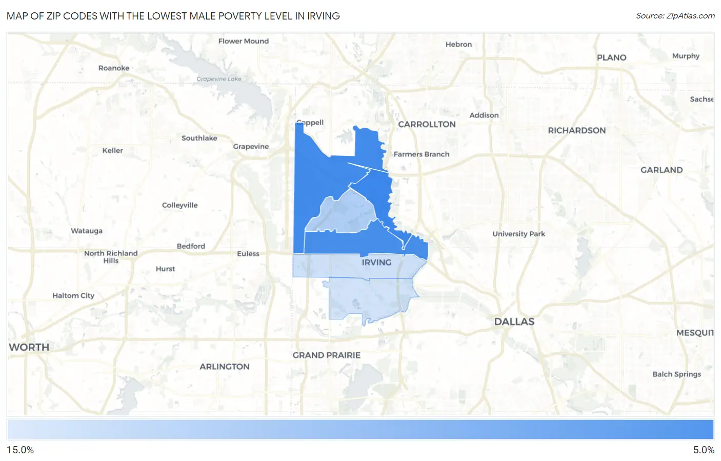 Zip Codes with the Lowest Male Poverty Level in Irving Map
