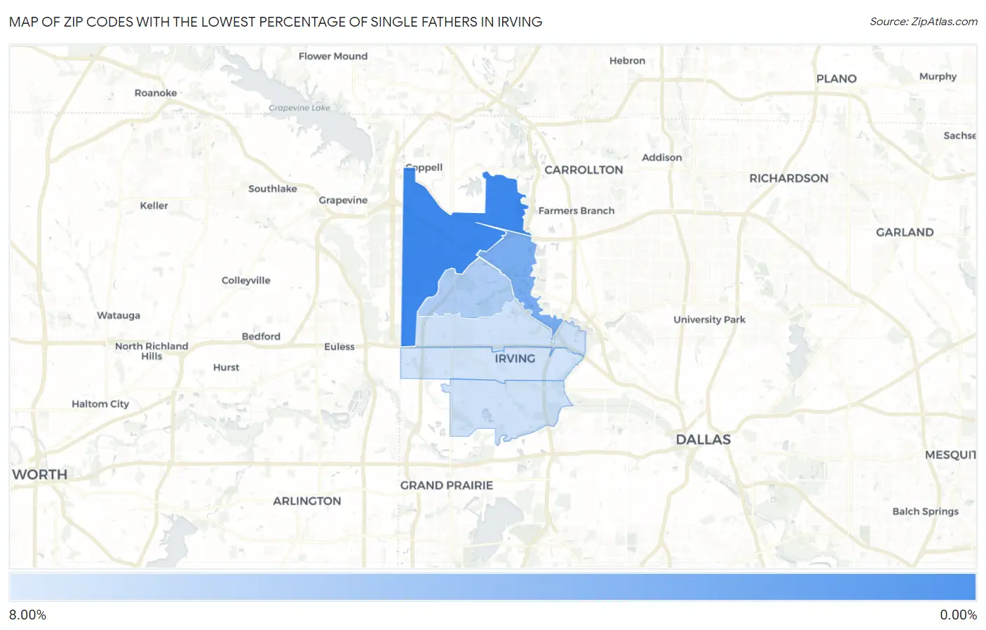 Zip Codes with the Lowest Percentage of Single Fathers in Irving Map