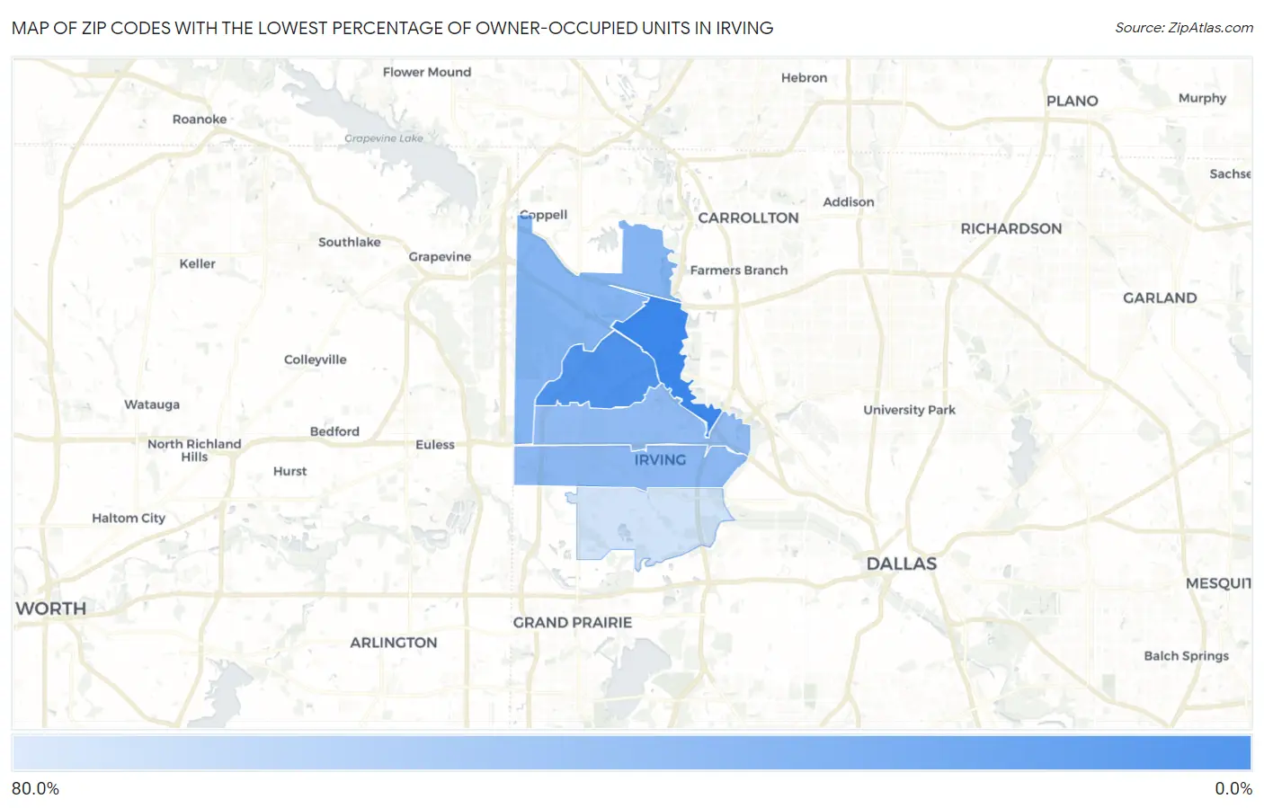 Zip Codes with the Lowest Percentage of Owner-Occupied Units in Irving Map