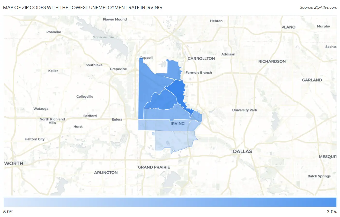 Zip Codes with the Lowest Unemployment Rate in Irving Map