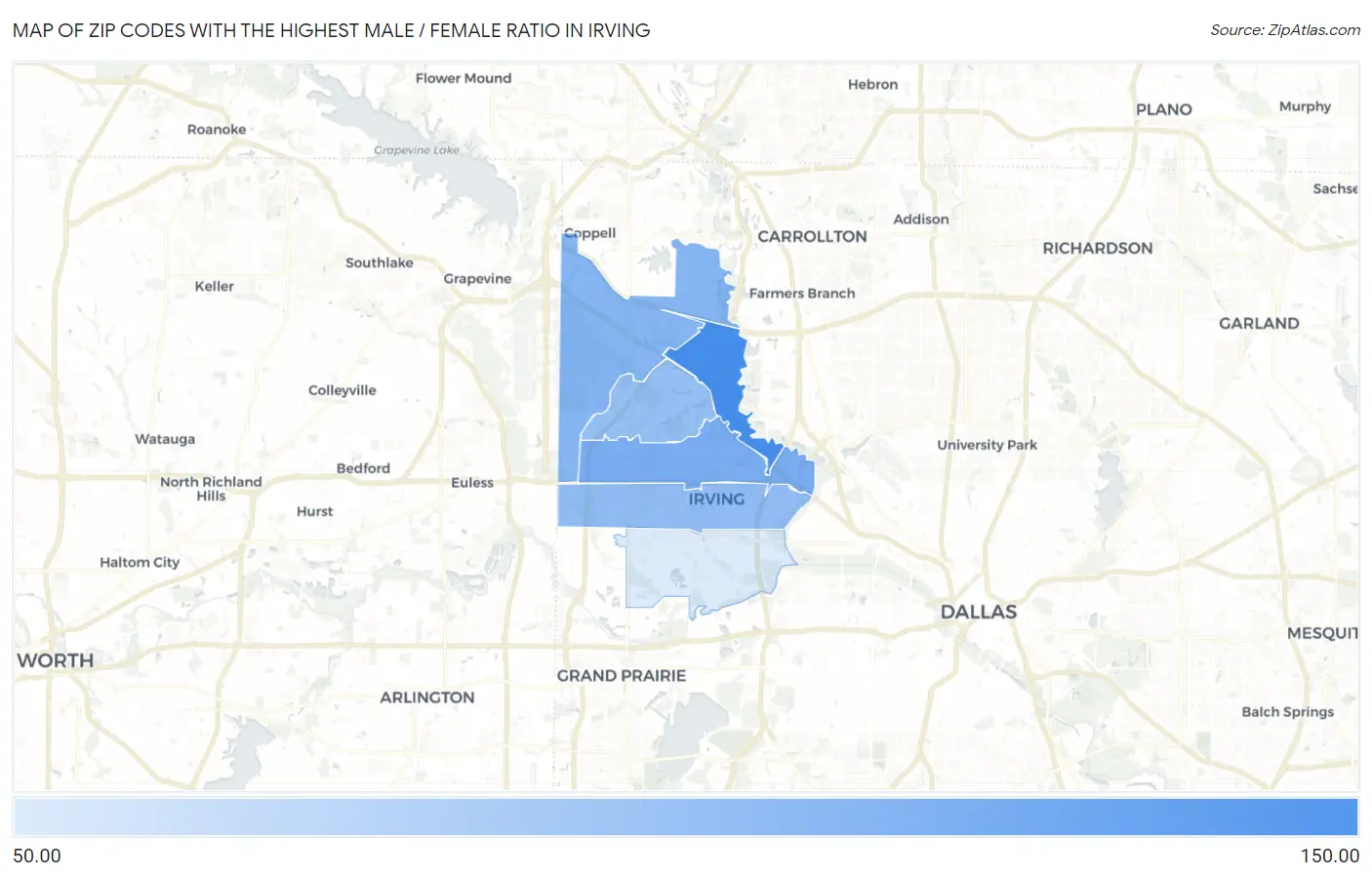 Zip Codes with the Highest Male / Female Ratio in Irving Map