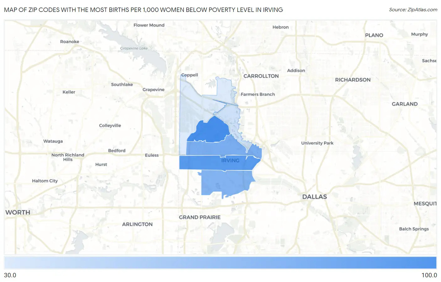 Zip Codes with the Most Births per 1,000 Women Below Poverty Level in Irving Map