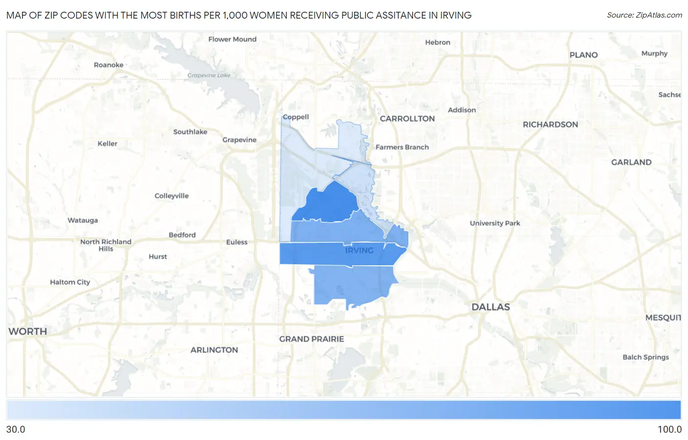Zip Codes with the Most Births per 1,000 Women Receiving Public Assitance in Irving Map