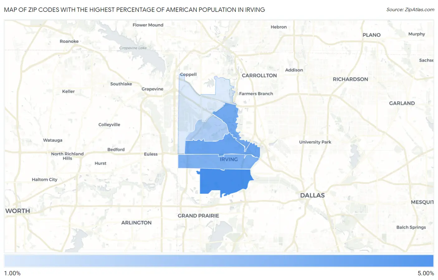 Zip Codes with the Highest Percentage of American Population in Irving Map