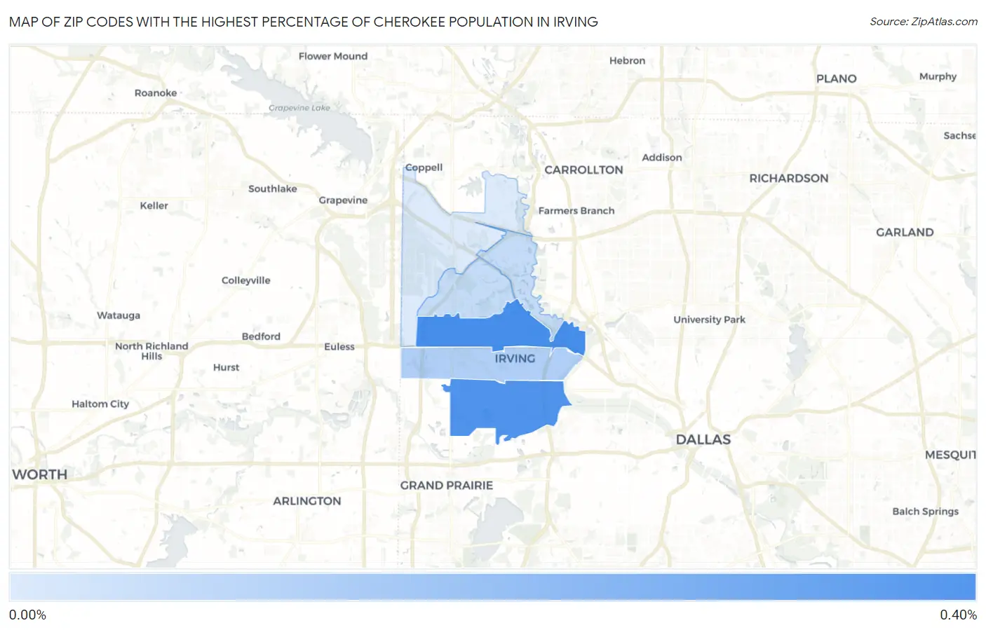 Zip Codes with the Highest Percentage of Cherokee Population in Irving Map