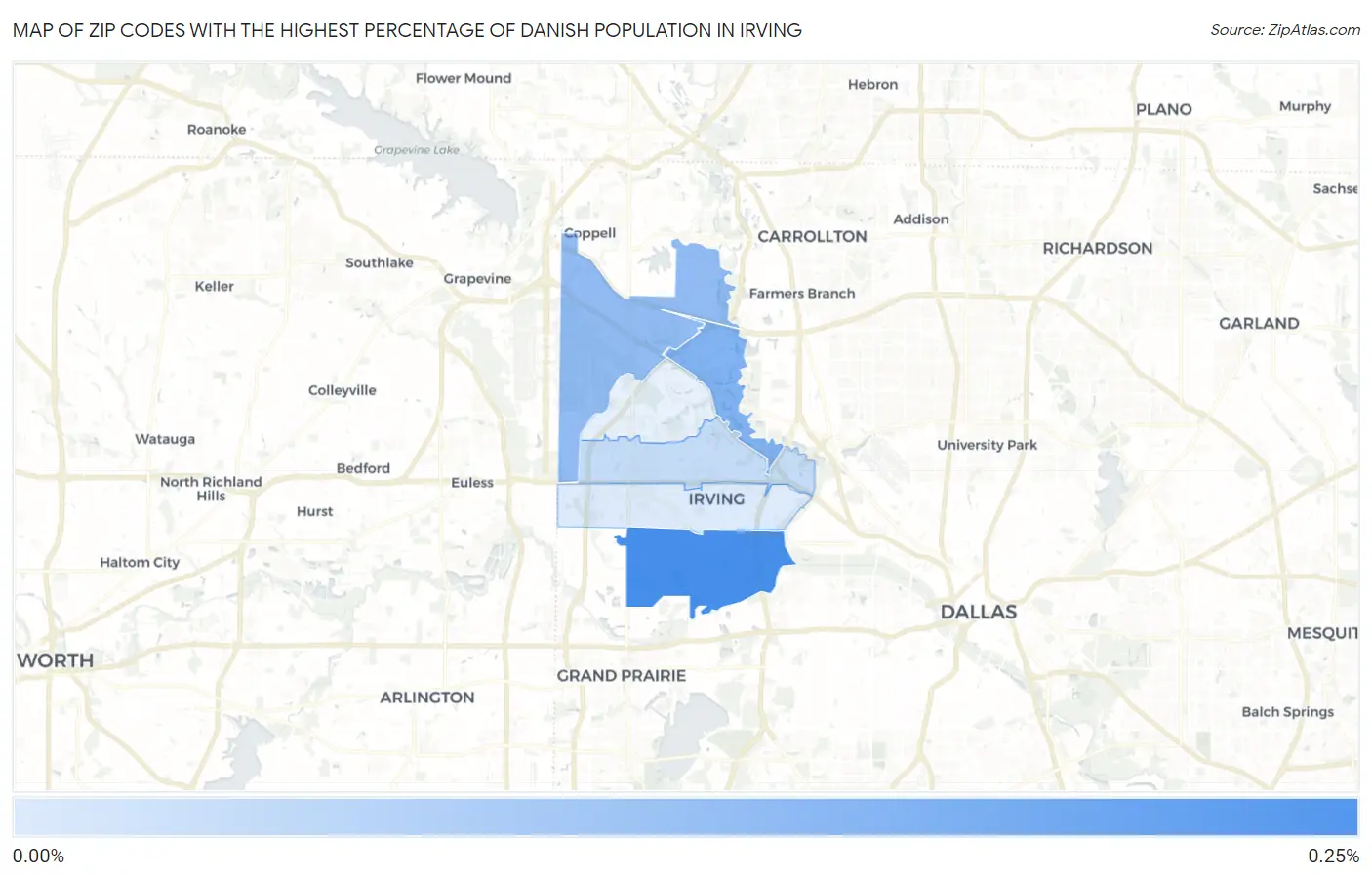Zip Codes with the Highest Percentage of Danish Population in Irving Map