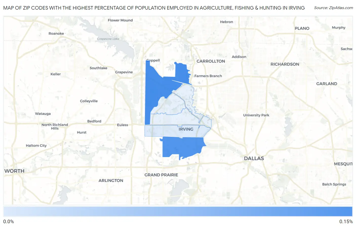 Zip Codes with the Highest Percentage of Population Employed in Agriculture, Fishing & Hunting in Irving Map