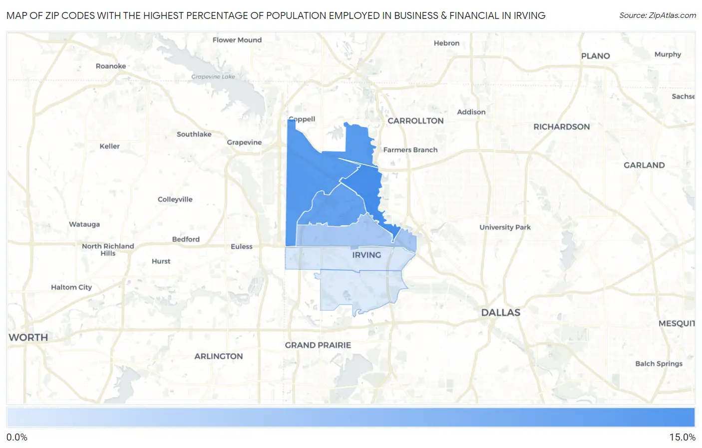 Zip Codes with the Highest Percentage of Population Employed in Business & Financial in Irving Map