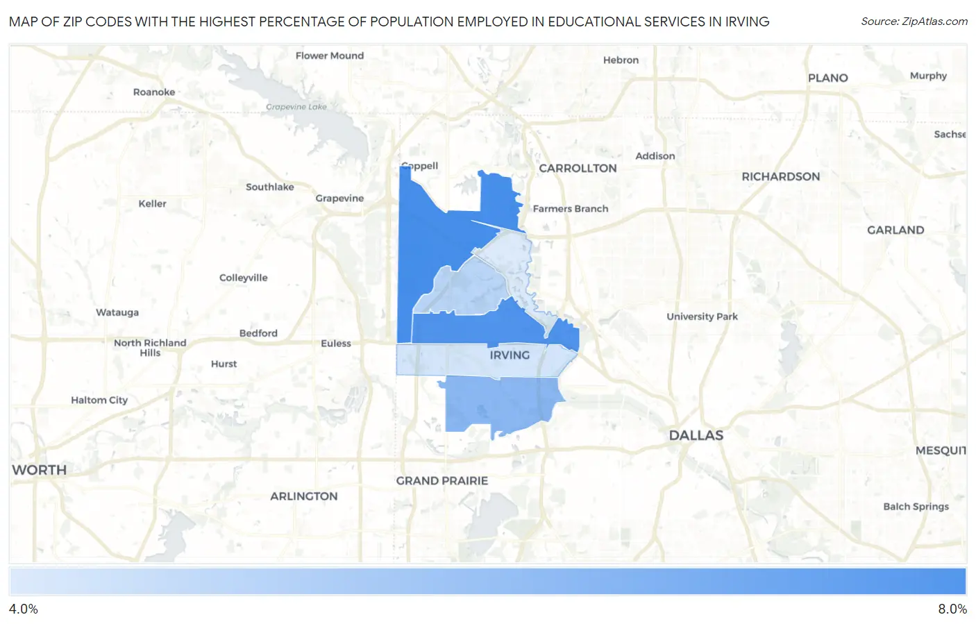 Zip Codes with the Highest Percentage of Population Employed in Educational Services in Irving Map