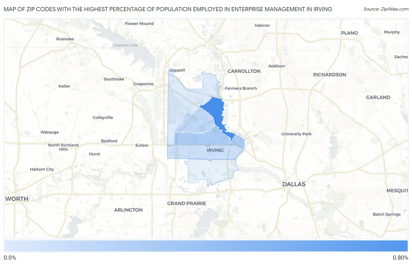 Zip Codes with the Highest Percentage of Population Employed in Enterprise Management in Irving Map