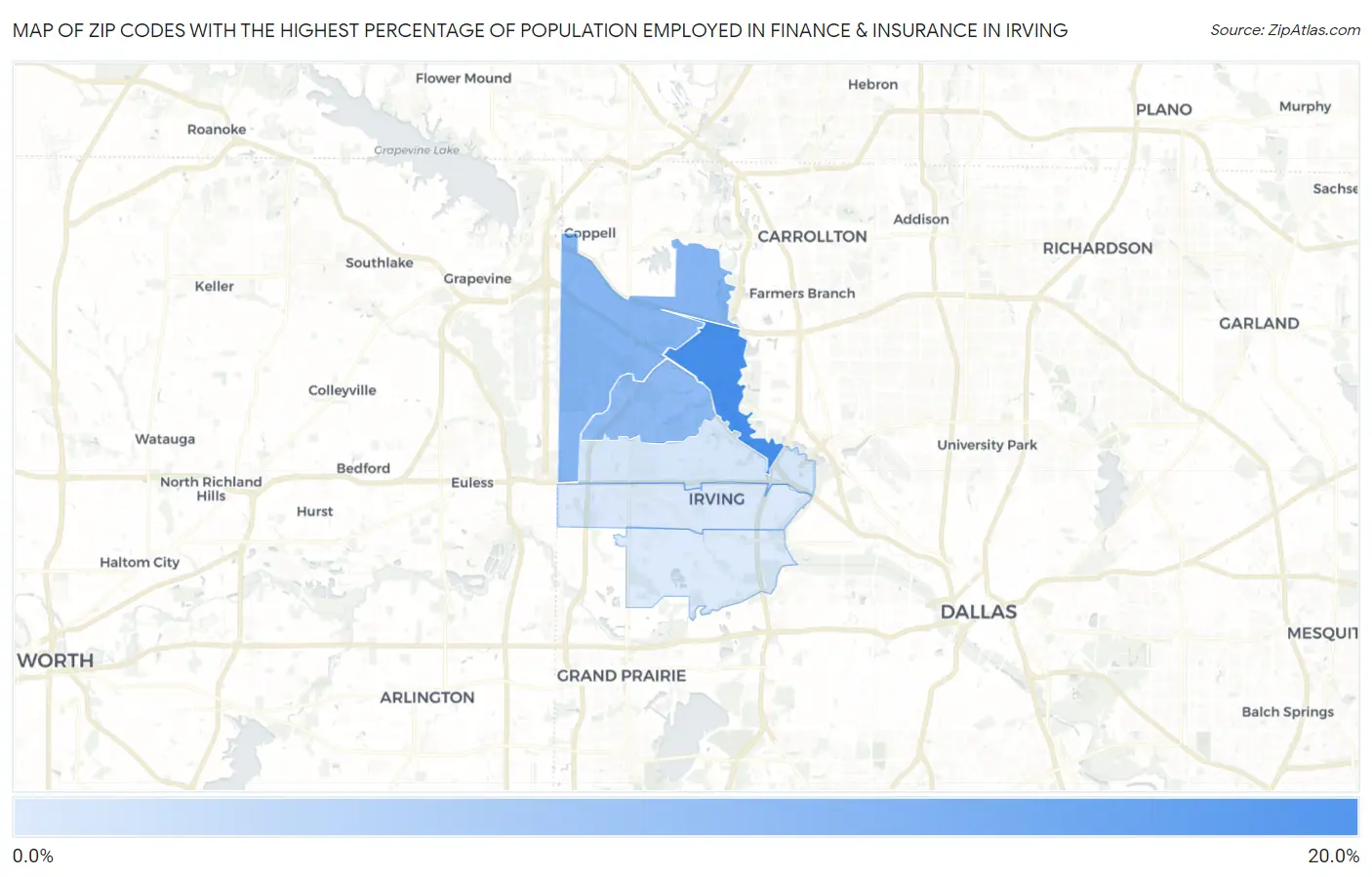 Zip Codes with the Highest Percentage of Population Employed in Finance & Insurance in Irving Map
