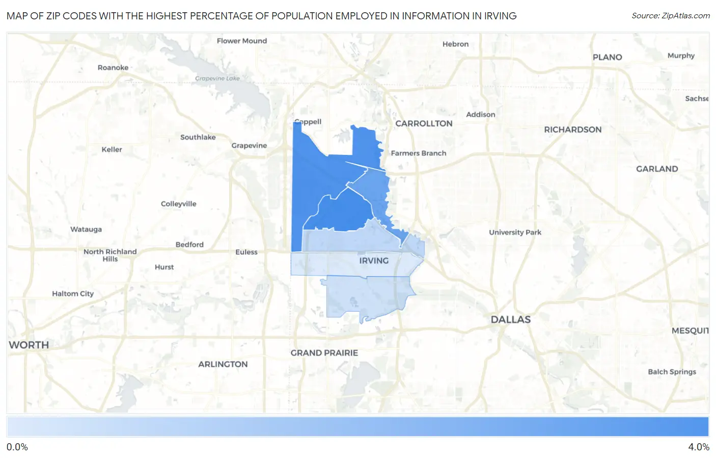 Zip Codes with the Highest Percentage of Population Employed in Information in Irving Map