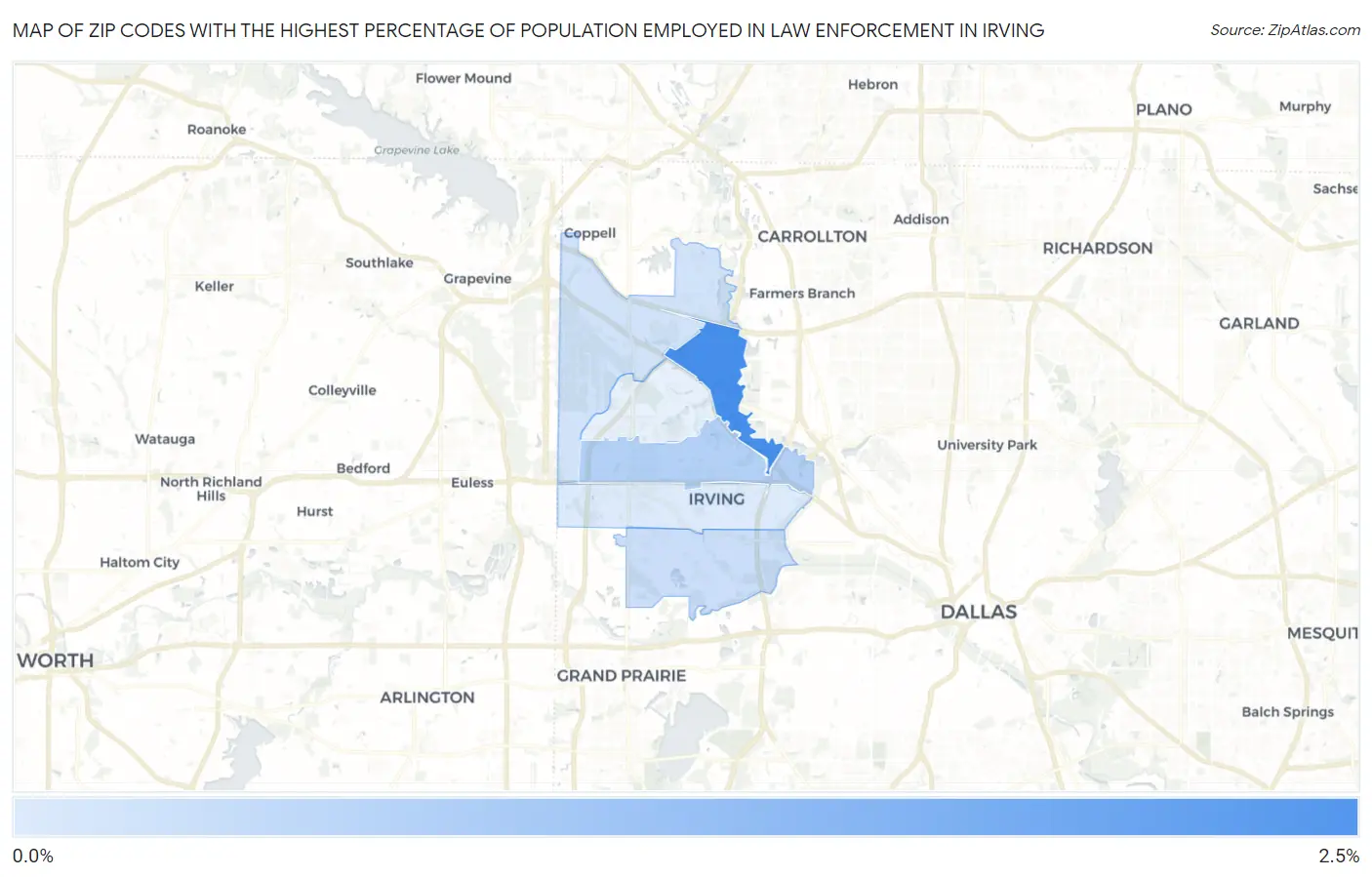 Zip Codes with the Highest Percentage of Population Employed in Law Enforcement in Irving Map
