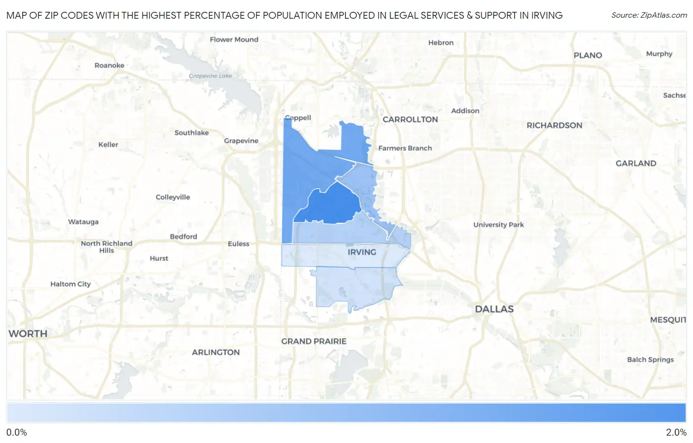 Zip Codes with the Highest Percentage of Population Employed in Legal Services & Support in Irving Map