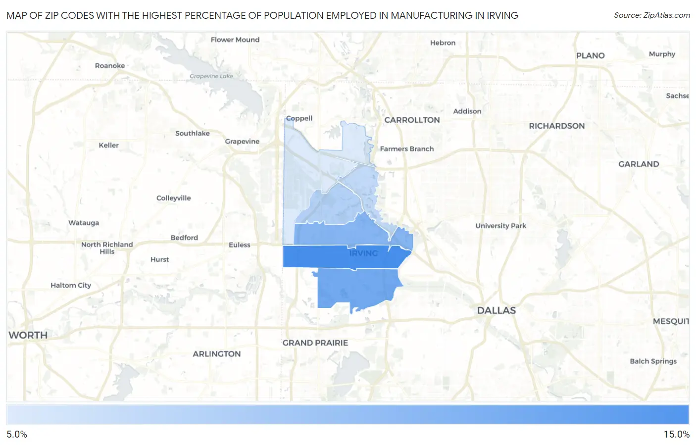 Zip Codes with the Highest Percentage of Population Employed in Manufacturing in Irving Map