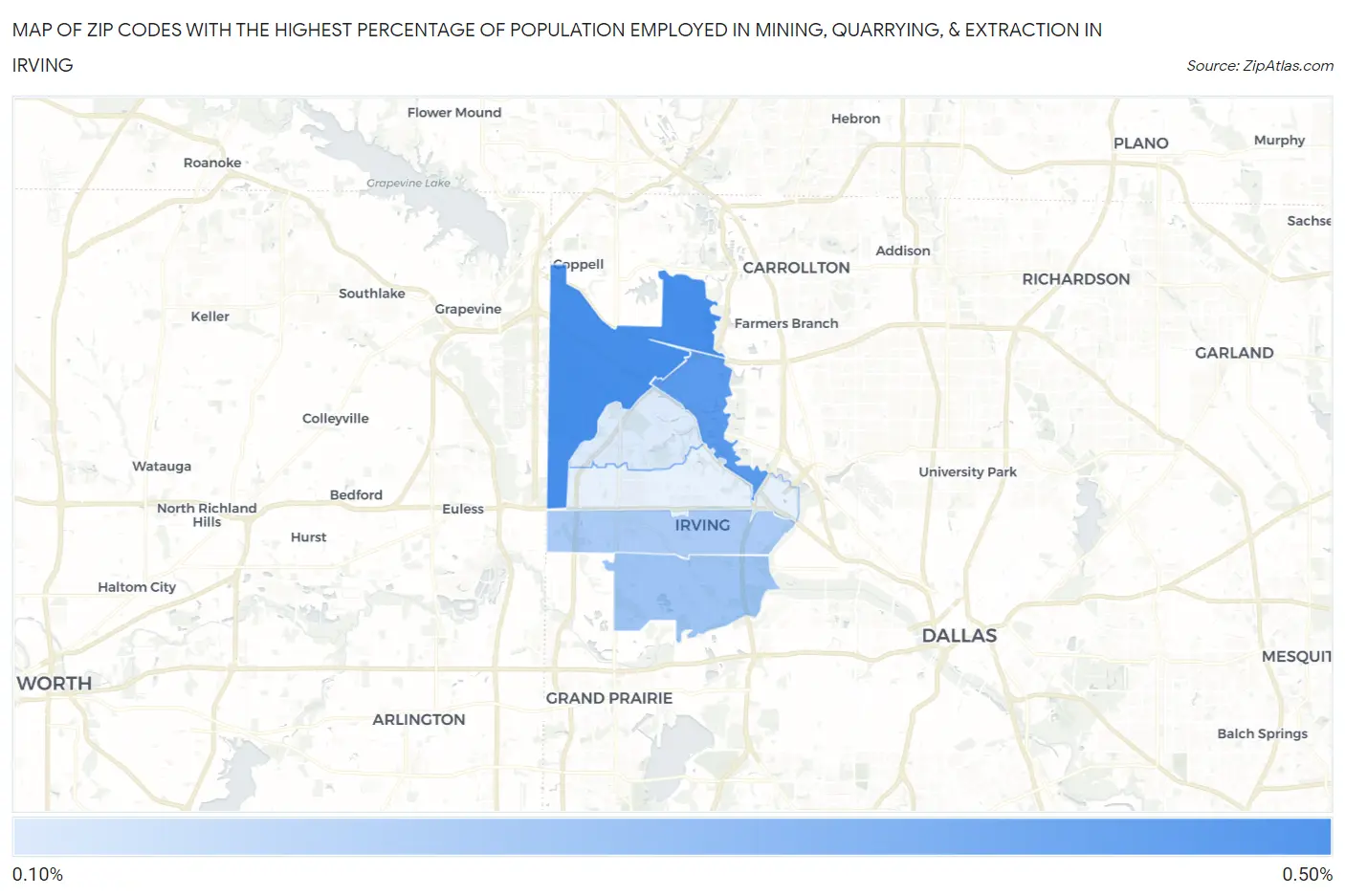 Zip Codes with the Highest Percentage of Population Employed in Mining, Quarrying, & Extraction in Irving Map