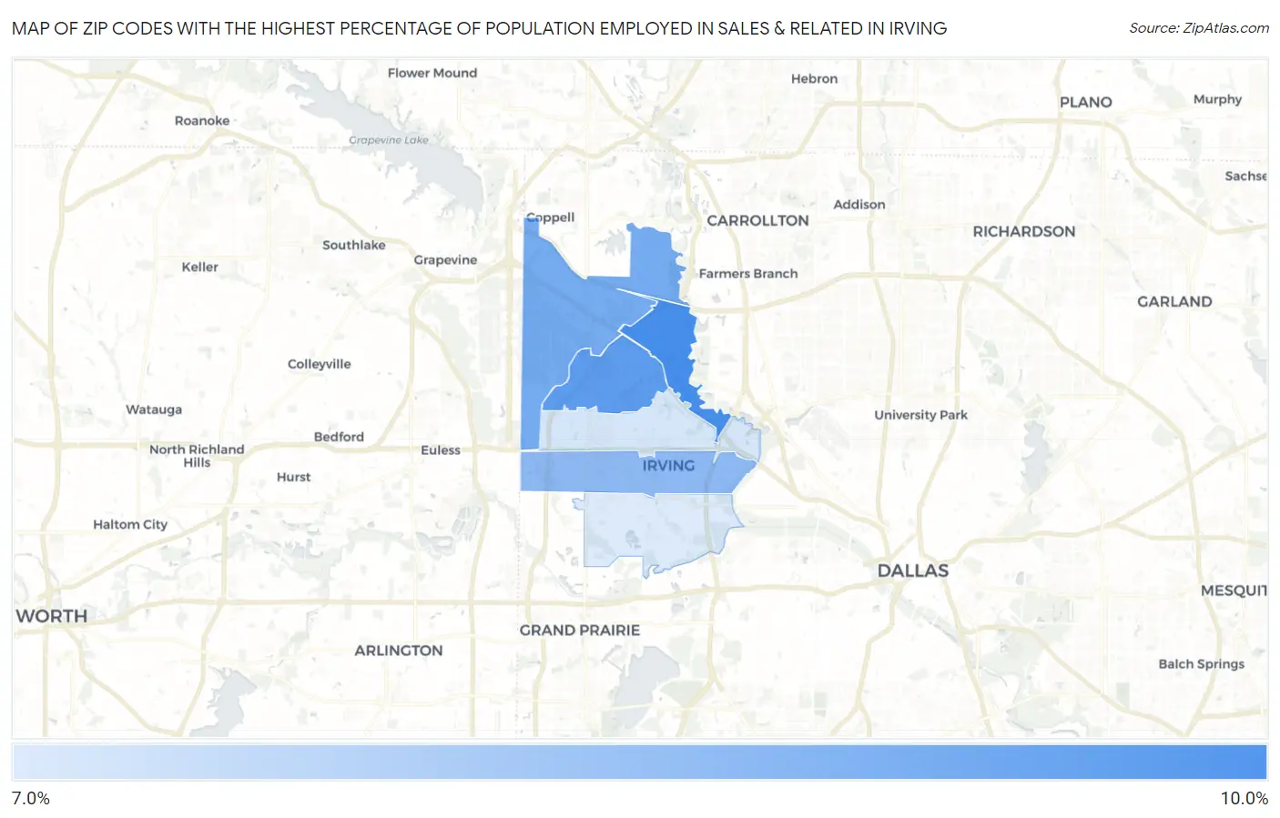 Zip Codes with the Highest Percentage of Population Employed in Sales & Related in Irving Map