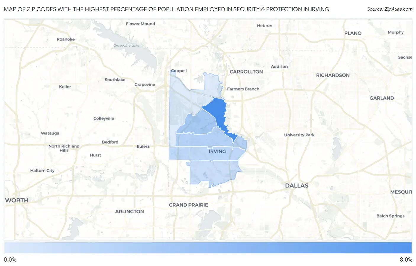Zip Codes with the Highest Percentage of Population Employed in Security & Protection in Irving Map