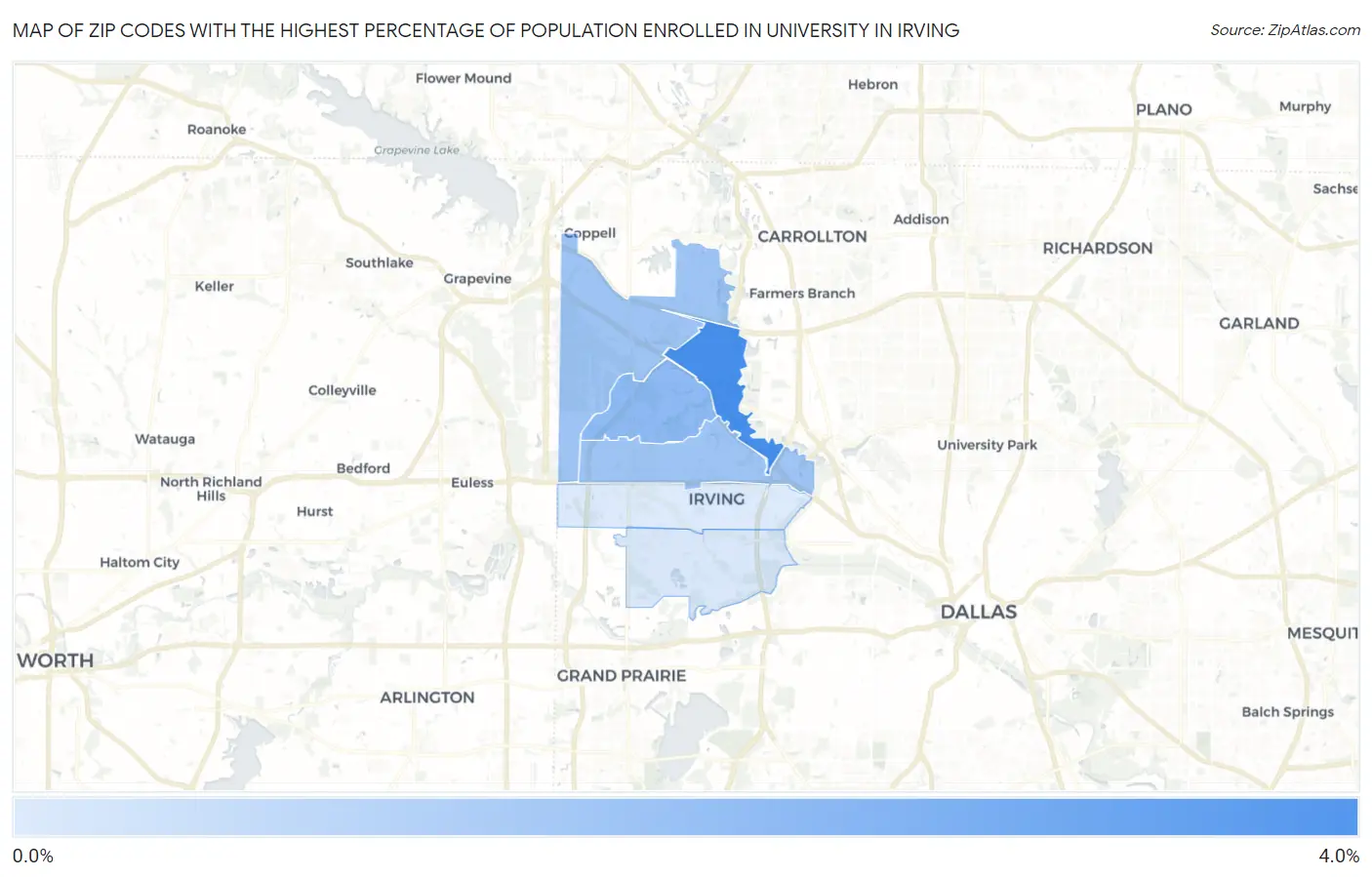 Zip Codes with the Highest Percentage of Population Enrolled in University in Irving Map