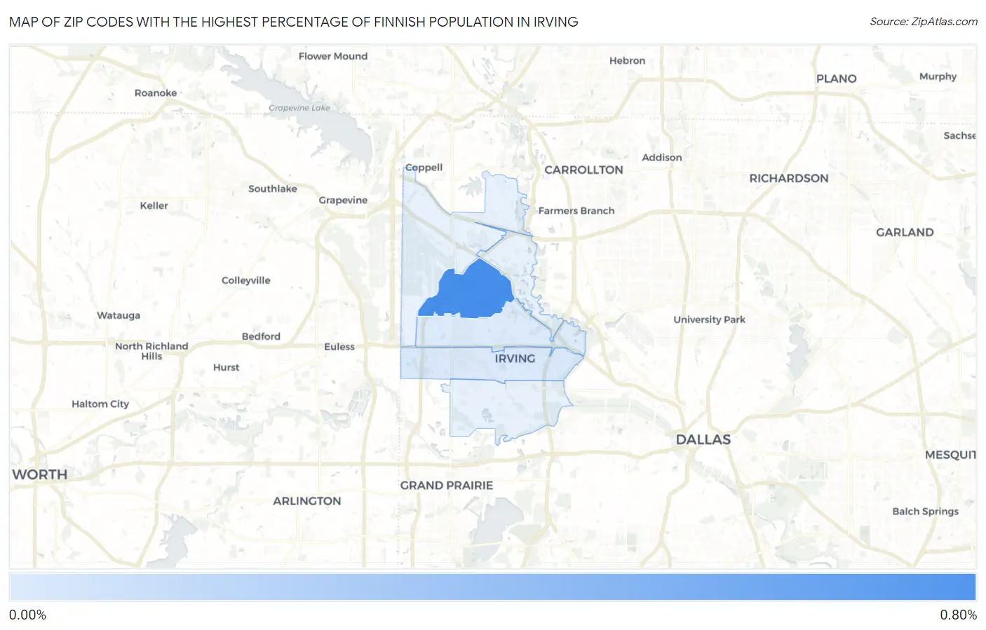 Zip Codes with the Highest Percentage of Finnish Population in Irving Map