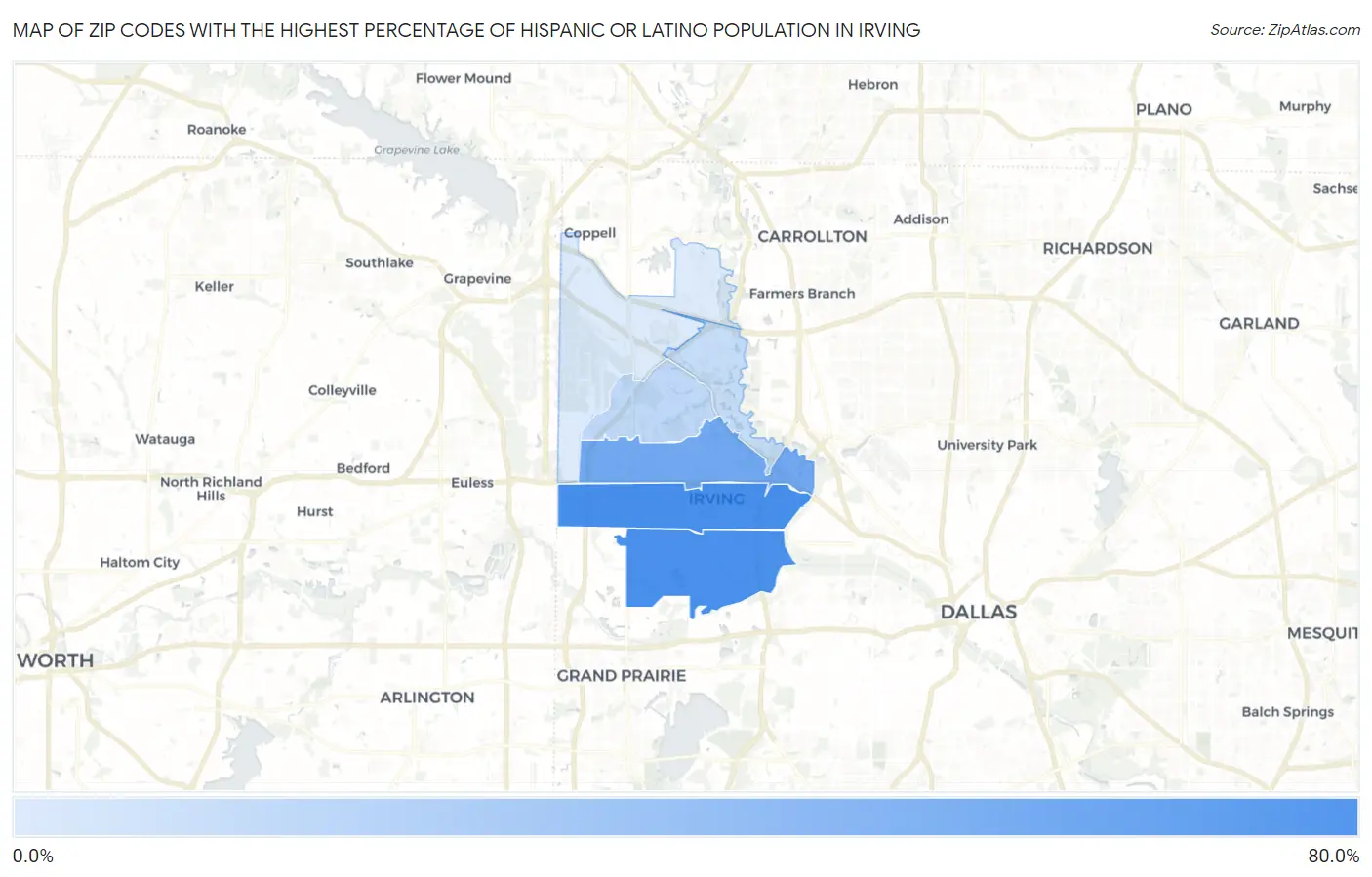 Zip Codes with the Highest Percentage of Hispanic or Latino Population in Irving Map